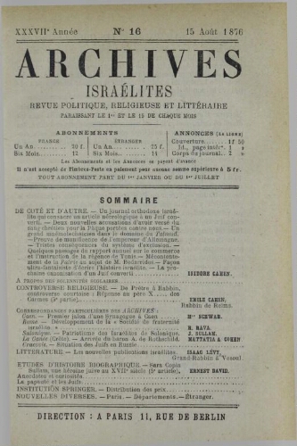 Archives israélites de France. Vol.37 N°16 (15 août 1876)